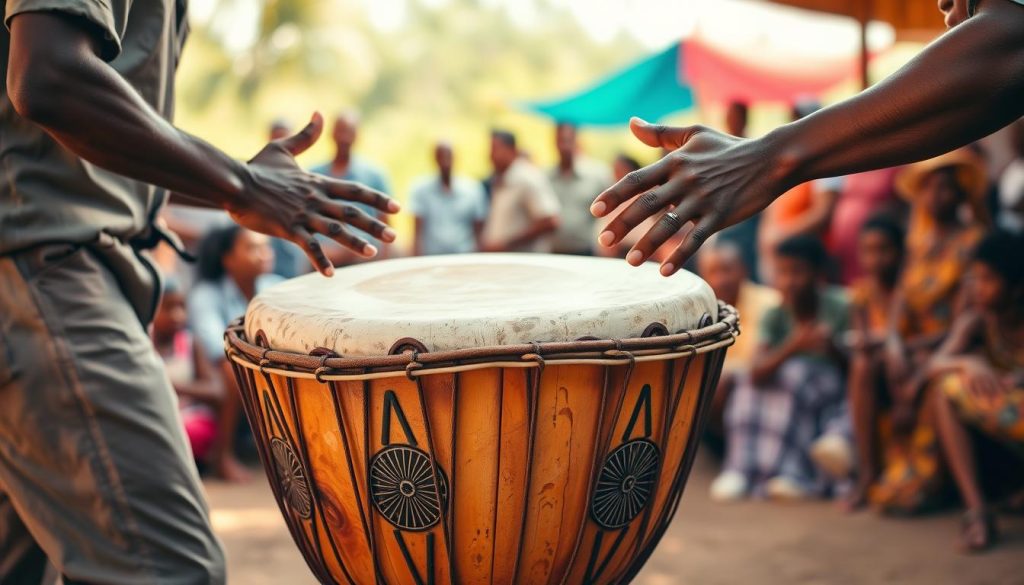 A focused and dynamic scene showcasing a skilled percussionist playing the djembe, emphasizing the essential striking techniques: bass, tone, and slap. In the foreground, the musician, dressed in modest casual clothing, passionately strikes the drum with precise hand placements, conveying the energy of the Kuku rhythm. The middle ground features the djembe itself, prominently displayed with intricate designs and patterns that reflect its cultural significance. The background suggests a vibrant outdoor setting, possibly a gathering or workshop, filled with enthusiastic onlookers absorbing the rhythm. The lighting is warm and natural, creating an inviting atmosphere, with soft shadows that enhance the texture of the djembe and the musician's hands. The overall mood is lively and engaging, capturing the essence of traditional African drumming. A focused and dynamic scene showcasing a skilled percussionist playing the djembe, emphasizing the essential striking techniques: bass, tone, and slap. In the foreground, the musician, dressed in modest casual clothing, passionately strikes the drum with precise hand placements, conveying the energy of the Kuku rhythm. The middle ground features the djembe itself, prominently displayed with intricate designs and patterns that reflect its cultural significance. The background suggests a vibrant outdoor setting, possibly a gathering or workshop, filled with enthusiastic onlookers absorbing the rhythm. The lighting is warm and natural, creating an inviting atmosphere, with soft shadows that enhance the texture of the djembe and the musician's hands. The overall mood is lively and engaging, capturing the essence of traditional African drumming.