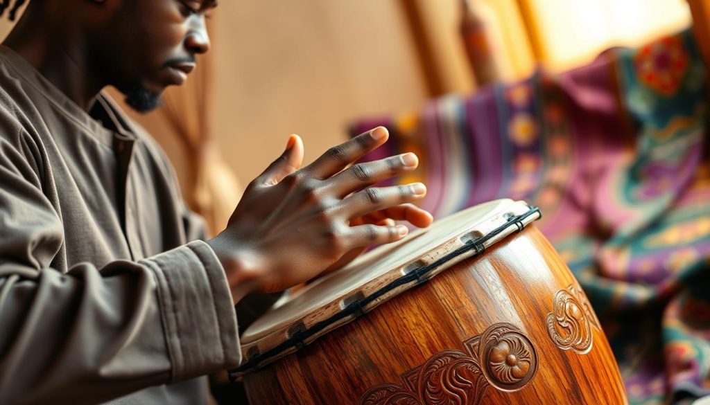 A focused close-up of a skilled musician demonstrating the basic djembé pattern, hands poised over a beautifully crafted wooden djembé drum, showcasing intricate carvings on its body. The foreground features the musician's focused expression, capturing the concentration and rhythm of the moment. In the middle ground, vibrant fabric swatches of traditional African textiles lay draped nearby, suggesting a cultural context. The background includes a softly lit room infused with warm golden tones, emphasizing a creative and inviting atmosphere. Soft, diffused lighting highlights the texture of the drum's surface and the musician's hands, evoking a sense of learning and mastery in rhythm. The image should convey the essence of engaging with music and culture. A focused close-up of a skilled musician demonstrating the basic djembé pattern, hands poised over a beautifully crafted wooden djembé drum, showcasing intricate carvings on its body. The foreground features the musician's focused expression, capturing the concentration and rhythm of the moment. In the middle ground, vibrant fabric swatches of traditional African textiles lay draped nearby, suggesting a cultural context. The background includes a softly lit room infused with warm golden tones, emphasizing a creative and inviting atmosphere. Soft, diffused lighting highlights the texture of the drum's surface and the musician's hands, evoking a sense of learning and mastery in rhythm. The image should convey the essence of engaging with music and culture.