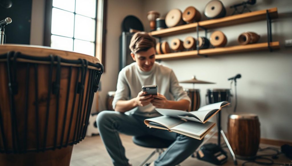 A serene music studio setting, with a close-up view of a wooden djembé drum in the foreground, highlighting its intricate carvings and natural textures. In the middle ground, a young adult in modest casual clothing is seated, intently listening to a recorded rhythm on their smartphone, with a notebook open beside them, filled with notes and sketches about their learning process. Soft, warm lighting illuminates the space, creating an inviting atmosphere that fosters creativity and learning. In the background, shelves are lined with various percussion instruments, and a large window allows natural light to pour in, enhancing the sense of an inspiring learning environment. The overall mood is focused yet cheerful, embodying the spirit of learning and self-improvement through music. A serene music studio setting, with a close-up view of a wooden djembé drum in the foreground, highlighting its intricate carvings and natural textures. In the middle ground, a young adult in modest casual clothing is seated, intently listening to a recorded rhythm on their smartphone, with a notebook open beside them, filled with notes and sketches about their learning process. Soft, warm lighting illuminates the space, creating an inviting atmosphere that fosters creativity and learning. In the background, shelves are lined with various percussion instruments, and a large window allows natural light to pour in, enhancing the sense of an inspiring learning environment. The overall mood is focused yet cheerful, embodying the spirit of learning and self-improvement through music.
