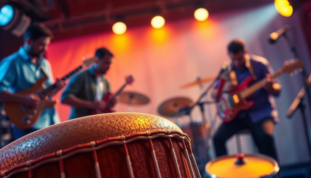 A vibrant and dynamic illustration of "tempo rythme" focusing on the essence of drumming and rhythm. In the foreground, depict a close-up of a traditional djembé drum, its textured surface glistening under soft, warm lighting. The middle ground features a metronome ticking actively, its pendulum swinging rhythmically to symbolize finding the right tempo. In the background, blurred silhouettes of musicians engaged in a jam session, their expressions focused, conveying deep concentration and passion for music. The atmosphere is energetic yet harmonious, emphasizing the balance between precision and groove. Use a slightly elevated angle to capture both the drum and metronome clearly, with a shallow depth of field to create a sense of intimacy within the rhythm. A vibrant and dynamic illustration of "tempo rythme" focusing on the essence of drumming and rhythm. In the foreground, depict a close-up of a traditional djembé drum, its textured surface glistening under soft, warm lighting. The middle ground features a metronome ticking actively, its pendulum swinging rhythmically to symbolize finding the right tempo. In the background, blurred silhouettes of musicians engaged in a jam session, their expressions focused, conveying deep concentration and passion for music. The atmosphere is energetic yet harmonious, emphasizing the balance between precision and groove. Use a slightly elevated angle to capture both the drum and metronome clearly, with a shallow depth of field to create a sense of intimacy within the rhythm.