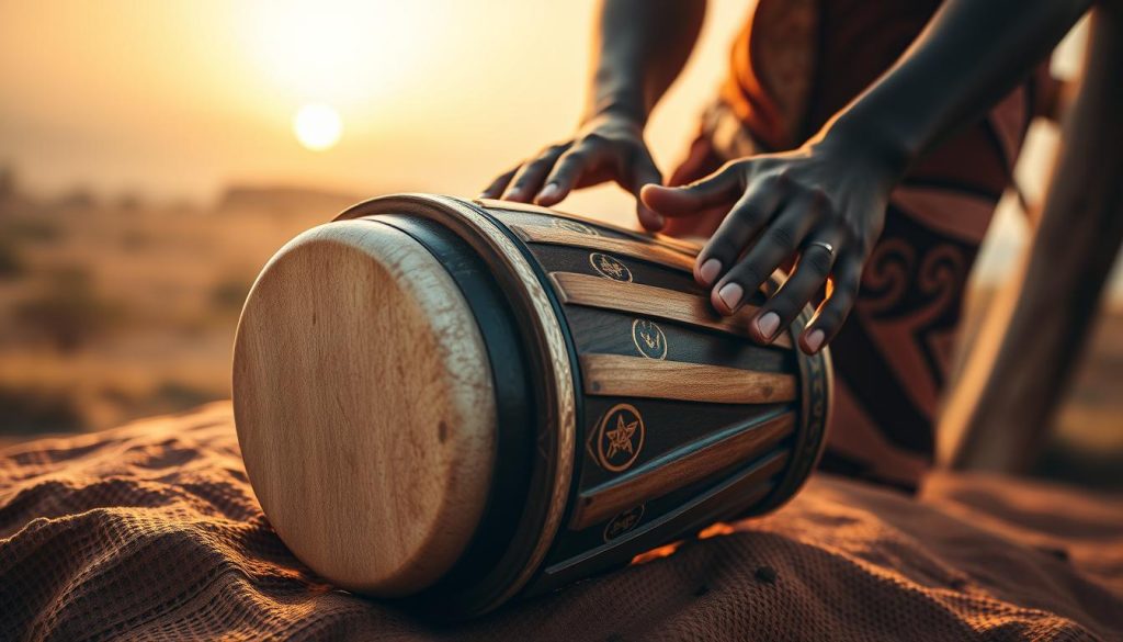 A vibrant and dynamic scene of a stabiliser tempo djembé, emphasizing its intricate carvings and deep, rich wood tones. In the foreground, highlight the djembé resting on an earthy textured surface, showcasing its beautifully crafted skin head gleaming softly under warm, natural lighting. The middle ground should feature a pair of hands expertly striking the drum, demonstrating both technique and rhythm, with fingers captured in motion. In the background, a hint of a sun-drenched African landscape can be seen, with soft silhouettes of trees and a golden sunset offering a serene ambiance. The overall mood is energetic yet calming, encapsulating the essence of African rhythms while promoting an atmosphere of focus and regularity in drumming. A vibrant and dynamic scene of a stabiliser tempo djembé, emphasizing its intricate carvings and deep, rich wood tones. In the foreground, highlight the djembé resting on an earthy textured surface, showcasing its beautifully crafted skin head gleaming softly under warm, natural lighting. The middle ground should feature a pair of hands expertly striking the drum, demonstrating both technique and rhythm, with fingers captured in motion. In the background, a hint of a sun-drenched African landscape can be seen, with soft silhouettes of trees and a golden sunset offering a serene ambiance. The overall mood is energetic yet calming, encapsulating the essence of African rhythms while promoting an atmosphere of focus and regularity in drumming.