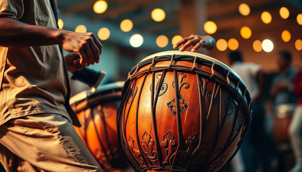 A vibrant scene depicting a skilled percussionist playing a djembé, focusing on the intricate "rythme kuku" pattern. In the foreground, the musician, dressed in modest casual clothing, is intensely engaged, hands gracefully striking the drum. The middle ground features the djembé, showcasing its intricate carvings and textures, with rhythmic motion captured in an expressive way. The background includes an ambient setting with bokeh-style soft focus lights that suggest a lively atmosphere, hinting at a cultural celebration. Natural, warm lighting enhances the richness of the scene, creating a dynamic and energetic mood, characteristic of traditional West African music. The image is shot from a low angle to emphasize the depth and vibrancy of the performance while maintaining a clear focus on the djembé and the rhythm being played. A vibrant scene depicting a skilled percussionist playing a djembé, focusing on the intricate "rythme kuku" pattern. In the foreground, the musician, dressed in modest casual clothing, is intensely engaged, hands gracefully striking the drum. The middle ground features the djembé, showcasing its intricate carvings and textures, with rhythmic motion captured in an expressive way. The background includes an ambient setting with bokeh-style soft focus lights that suggest a lively atmosphere, hinting at a cultural celebration. Natural, warm lighting enhances the richness of the scene, creating a dynamic and energetic mood, characteristic of traditional West African music. The image is shot from a low angle to emphasize the depth and vibrancy of the performance while maintaining a clear focus on the djembé and the rhythm being played.
