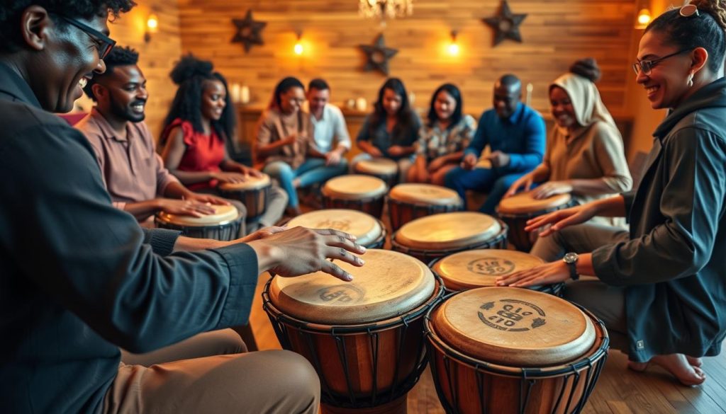 A vibrant scene depicting individuals engaged in djembé exercises, focused on rhythm and technique. In the foreground, a diverse group of musicians, dressed in casual but modest clothing, are seated in a circle on a wooden floor, actively playing their djembés with expressions of concentration and joy. In the middle, a close-up of hands skillfully striking the surfaces of the drums, showcasing dynamic movement and playing styles. The background features warm, inviting lighting that enhances the wooden textures of the drums and the space. The atmosphere is energetic yet focused, conveying a sense of dedication and cultural richness, with subtle decorations that reflect African music traditions. The image is captured with a slightly elevated angled shot to emphasize the rhythmic interaction among the players. A vibrant scene depicting individuals engaged in djembé exercises, focused on rhythm and technique. In the foreground, a diverse group of musicians, dressed in casual but modest clothing, are seated in a circle on a wooden floor, actively playing their djembés with expressions of concentration and joy. In the middle, a close-up of hands skillfully striking the surfaces of the drums, showcasing dynamic movement and playing styles. The background features warm, inviting lighting that enhances the wooden textures of the drums and the space. The atmosphere is energetic yet focused, conveying a sense of dedication and cultural richness, with subtle decorations that reflect African music traditions. The image is captured with a slightly elevated angled shot to emphasize the rhythmic interaction among the players.