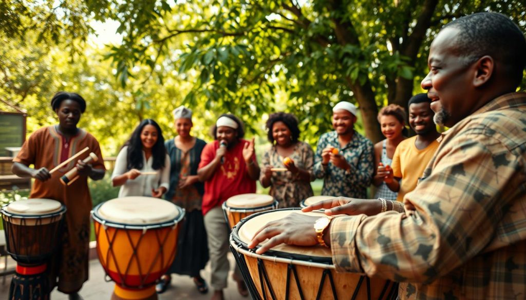 A vibrant scene showcasing a skilled drummer performing "Yankadi" on a traditional djembé, with an emphasis on advanced variations. In the foreground, capture the drummer in professional casual attire, focused and absorbed in the rhythm, hands striking the drum with dynamic energy. The middle ground features a diverse group of musicians enthusiastically following his lead, each with their own instruments, such as dunduns and shakers, contributing to the lively jam session. The background reveals an outdoor setting with lush greenery, dappled sunlight filtering through the trees, creating a warm, inviting atmosphere. Use a warm color palette to enhance the sense of community and rhythm, captured from a slightly low angle to emphasize the drumming's intensity and power, creating an engaging visual experience that reflects the essence of advanced Yankadi. A vibrant scene showcasing a skilled drummer performing "Yankadi" on a traditional djembé, with an emphasis on advanced variations. In the foreground, capture the drummer in professional casual attire, focused and absorbed in the rhythm, hands striking the drum with dynamic energy. The middle ground features a diverse group of musicians enthusiastically following his lead, each with their own instruments, such as dunduns and shakers, contributing to the lively jam session. The background reveals an outdoor setting with lush greenery, dappled sunlight filtering through the trees, creating a warm, inviting atmosphere. Use a warm color palette to enhance the sense of community and rhythm, captured from a slightly low angle to emphasize the drumming's intensity and power, creating an engaging visual experience that reflects the essence of advanced Yankadi.