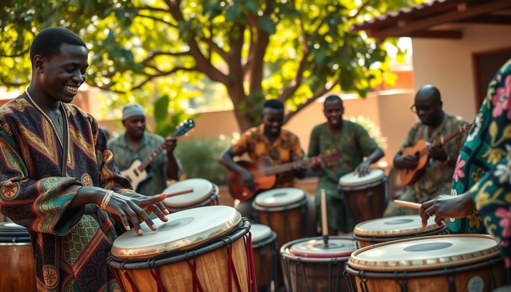 A vibrant scene showcasing traditional West African percussion instruments, prominently featuring a djembé, surrounded by varying other drums and instruments. In the foreground, a skilled musician plays the djembé, wearing colorful, modest attire that reflects local culture, with energetic hand movements. The middle ground includes additional percussionists engaged in a rhythmic session, showcasing a sense of community and connection through music. The background features a lively outdoor setting, enriched with green foliage and a hint of traditional West African architecture. Soft, warm sunlight filters through the trees, creating a joyous, inviting atmosphere that reflects the cultural richness and social significance of the Yankadi rhythm. Capture the dynamic motion and deep intensity of the performance from a slightly elevated angle to emphasize the musicians' expressions and the instruments. A vibrant scene showcasing traditional West African percussion instruments, prominently featuring a djembé, surrounded by varying other drums and instruments. In the foreground, a skilled musician plays the djembé, wearing colorful, modest attire that reflects local culture, with energetic hand movements. The middle ground includes additional percussionists engaged in a rhythmic session, showcasing a sense of community and connection through music. The background features a lively outdoor setting, enriched with green foliage and a hint of traditional West African architecture. Soft, warm sunlight filters through the trees, creating a joyous, inviting atmosphere that reflects the cultural richness and social significance of the Yankadi rhythm. Capture the dynamic motion and deep intensity of the performance from a slightly elevated angle to emphasize the musicians' expressions and the instruments.