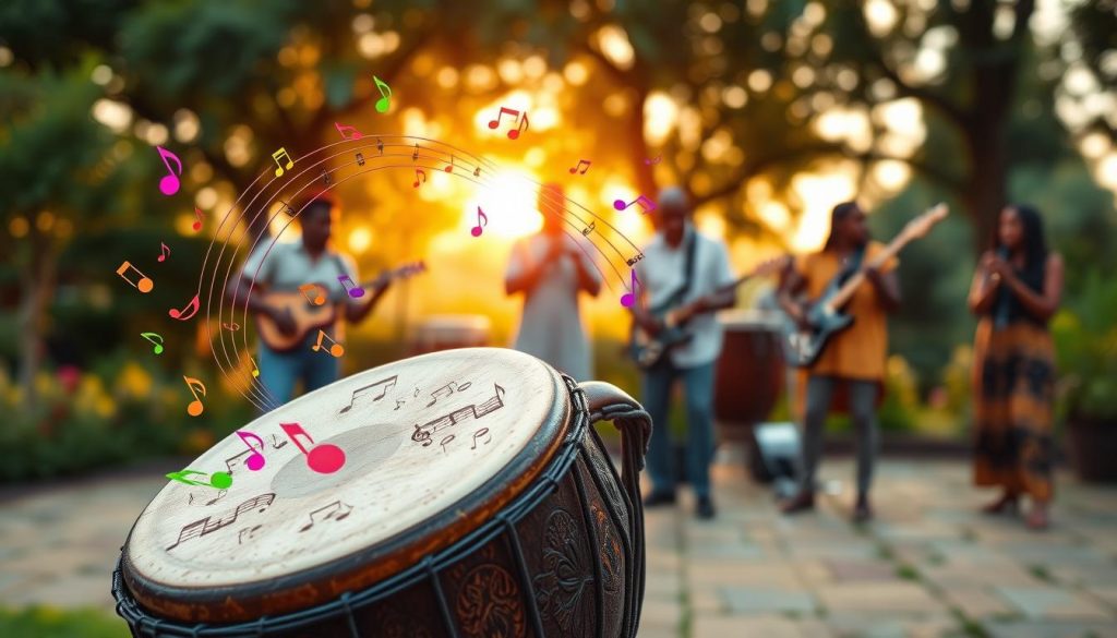 An artistic depiction of "variations rythme kuku" featuring a traditional African djembé, prominently located in the foreground with intricate carvings visible on the drum's surface. Surrounding the djembé are music notes swirling in vibrant colors, representing the dynamic variations of the kuku rhythm. In the middle ground, soft silhouettes of musicians engaged in performance, wearing modest casual clothing, creating a lively yet focused atmosphere. The background showcases a warm sunset casting golden light, highlighting an outdoor setting filled with lush greenery and cultural motifs. Emphasize rich earthy tones and a sense of movement to convey the rhythm, using a slightly blurred depth of field to draw attention to the djembé, capturing an essence of creativity and unity in music. An artistic depiction of "variations rythme kuku" featuring a traditional African djembé, prominently located in the foreground with intricate carvings visible on the drum's surface. Surrounding the djembé are music notes swirling in vibrant colors, representing the dynamic variations of the kuku rhythm. In the middle ground, soft silhouettes of musicians engaged in performance, wearing modest casual clothing, creating a lively yet focused atmosphere. The background showcases a warm sunset casting golden light, highlighting an outdoor setting filled with lush greenery and cultural motifs. Emphasize rich earthy tones and a sense of movement to convey the rhythm, using a slightly blurred depth of field to draw attention to the djembé, capturing an essence of creativity and unity in music.